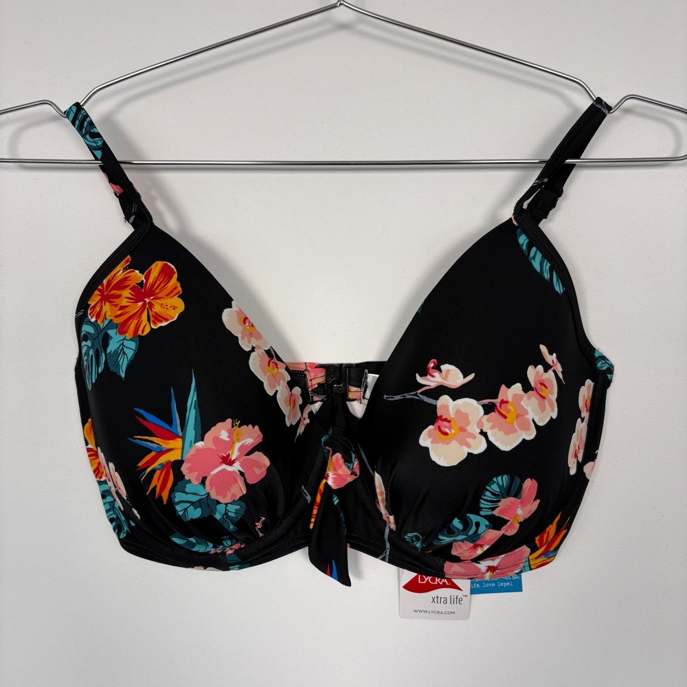 Lepel Womens Bikini Top UK 32FF Black Floral Tropical Plunge Underwire 175560